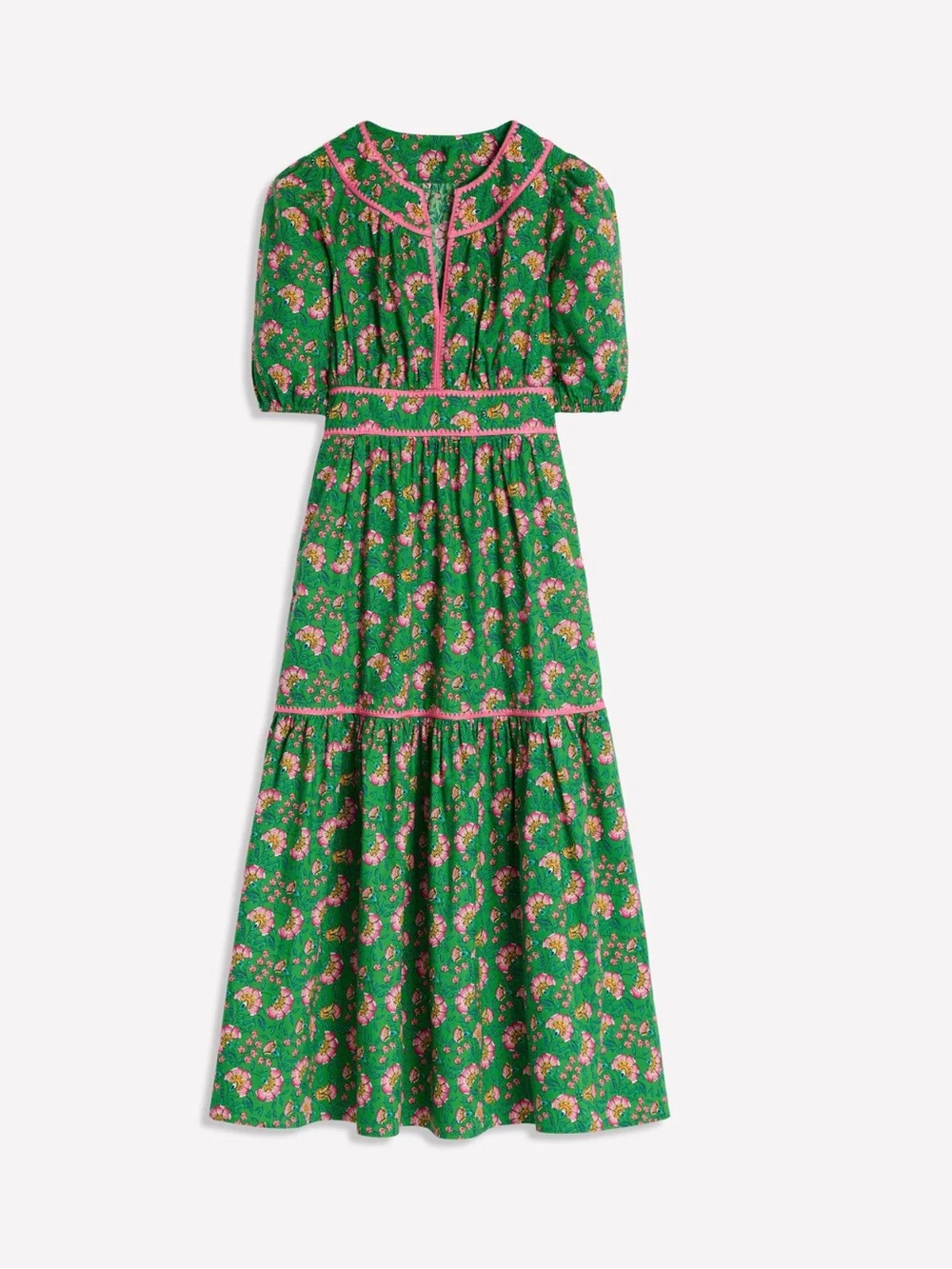 Boden Green Floral-Print Embroidered Midi Dress with Pink Trim - Picture 3 of 8